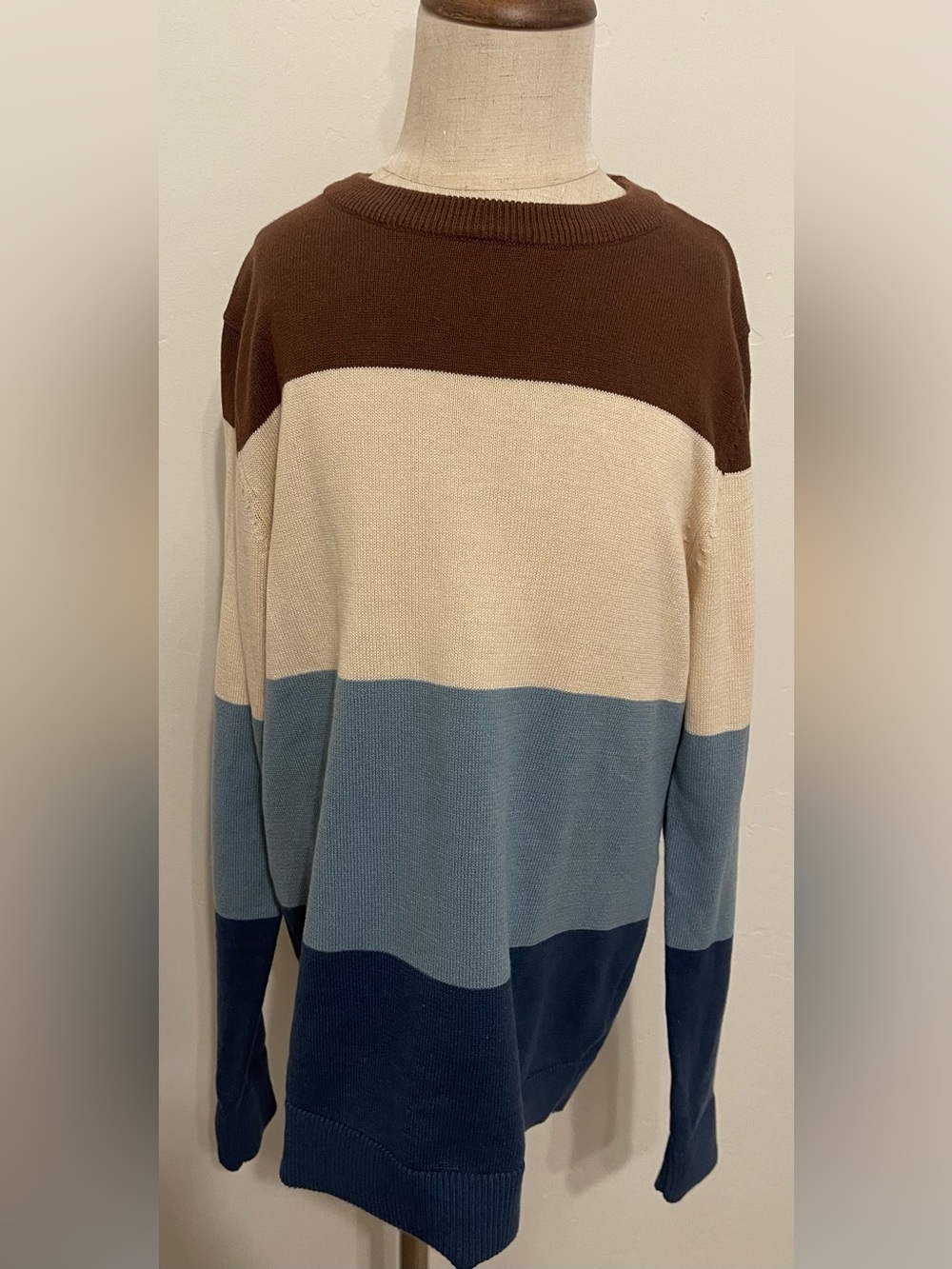 H&M Boys Color Block Knit Crewneck Sweater Brown Blue Cream Size 8/10 NWT